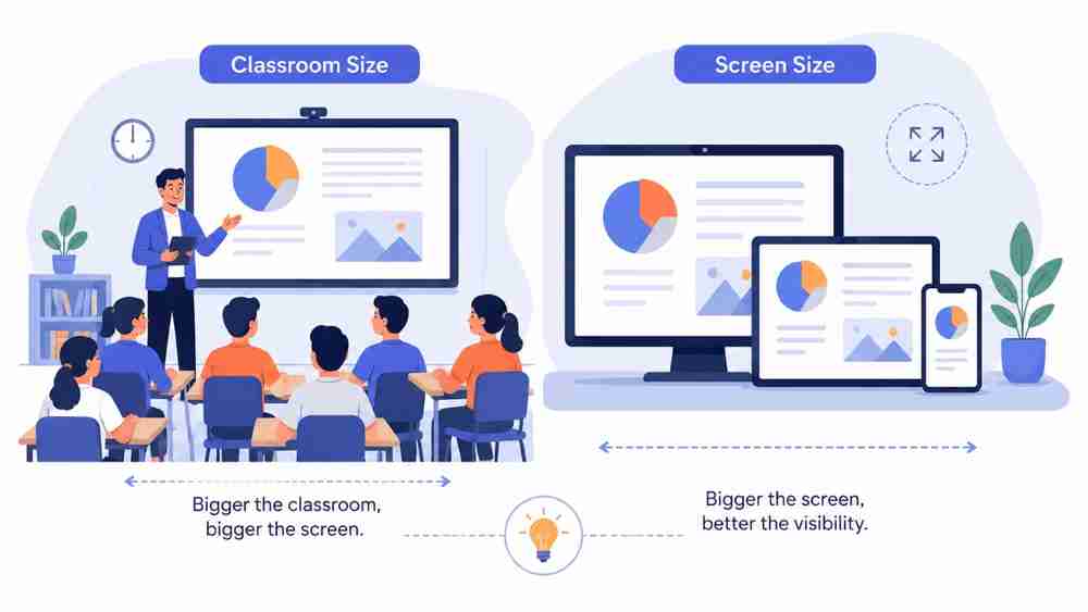 Smart board screen size guide for different classroom sizes in schools