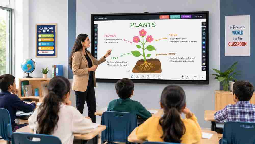 Teacher using a modern interactive flat panel for education in a classroom.